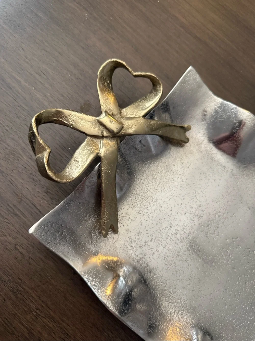 Decorative Silver and Gold Rectangular Serving Tray with Bow Handles
